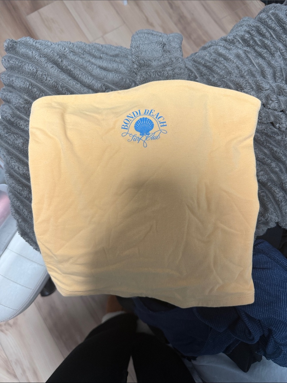 Target Yellow Bondi Beach Strapless Crop Top with Blue Shell Graphic